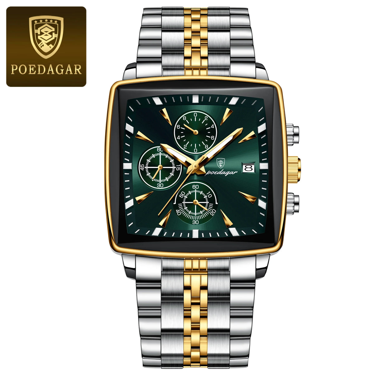 Relógio POEDAGAR masculino verde com detalhes dourados e pulseira inox