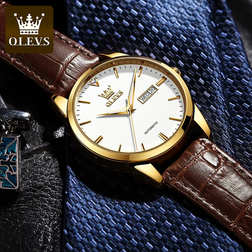 Relógio OLEVS Branco Dourado masculino com pulseira de couro