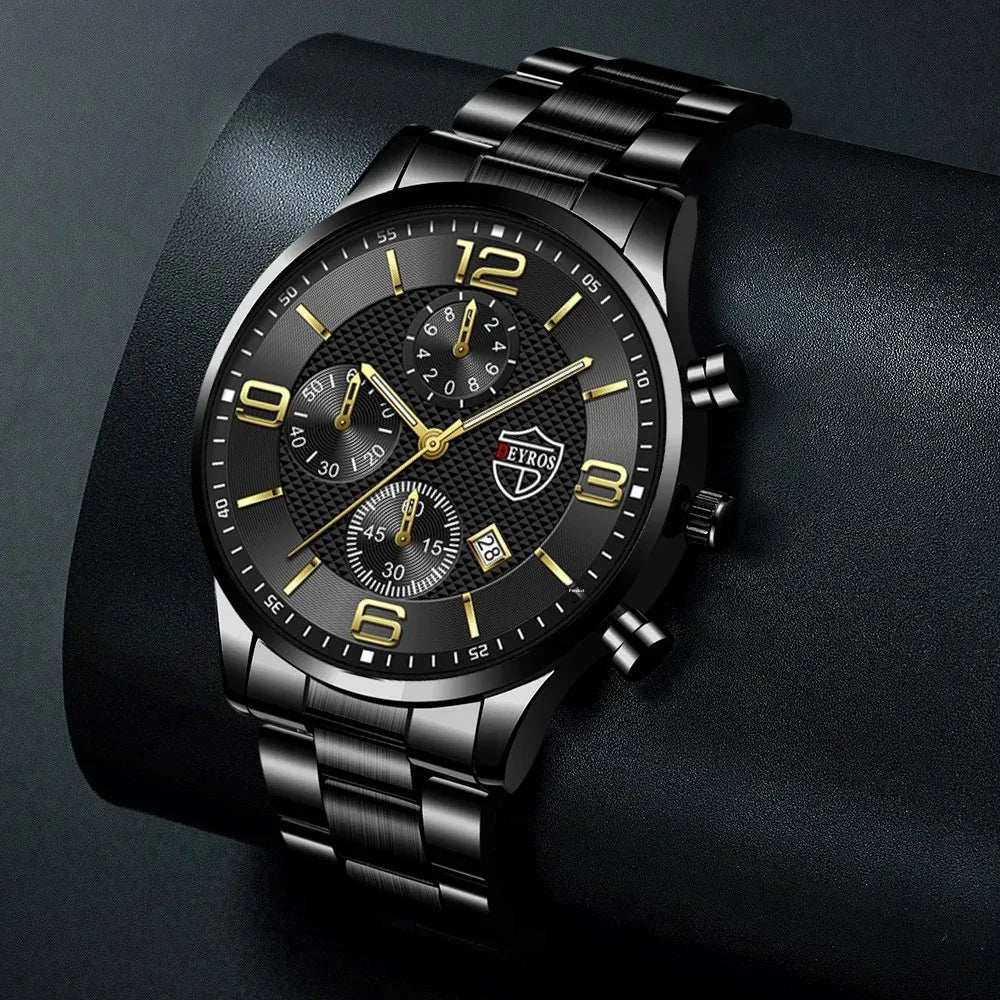 Relógio DEYROS ouro negro com pulseira de aço e mostrador elegante com calendário