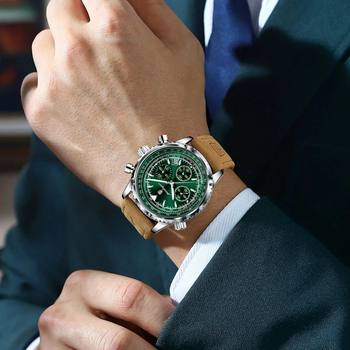Relógio masculino POEDAGAR verde com pulseira de couro e cronógrafo esportivo elegante