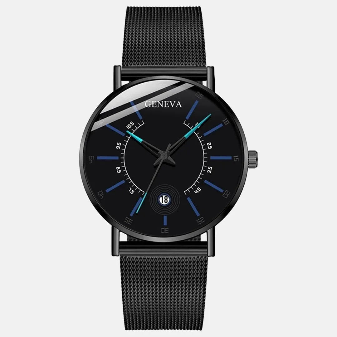 Relógio masculino minimalista preto com detalhes azuis e pulseira em aço inox