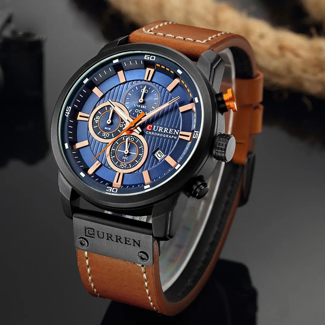 Relógio masculino Chronos com visor azul, cronógrafo e pulseira de couro marrom
