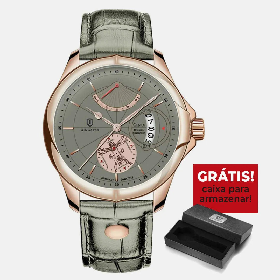Relógio masculino rosé gold inspirado em Da Vinci com pulseira de couro legítimo