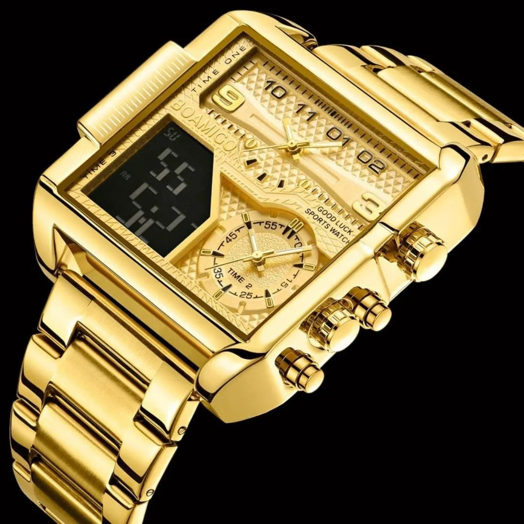 Relógio masculino premium banhado a ouro com fecho resistente e design moderno