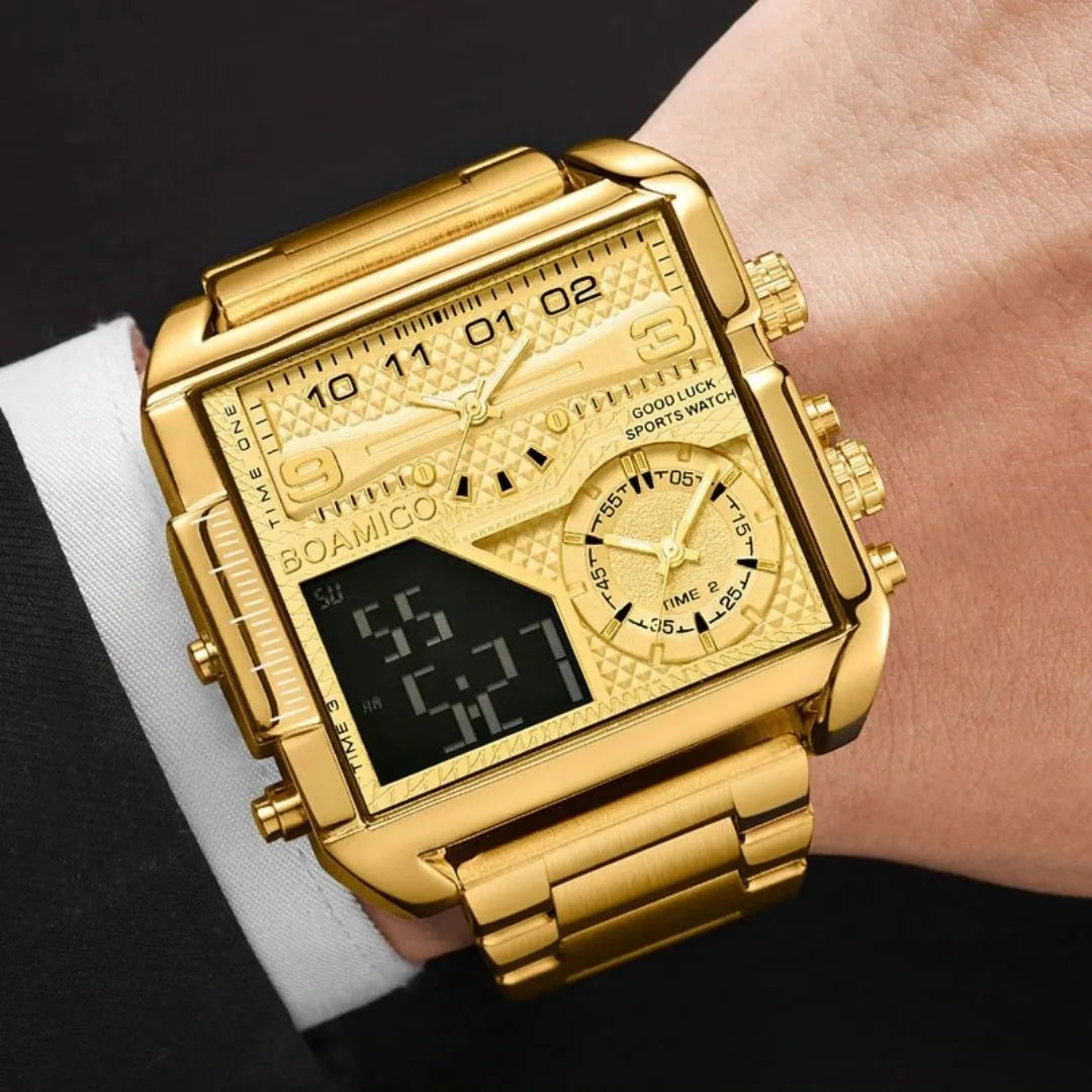 Relógio masculino premium banhado a ouro com fecho resistente e design moderno