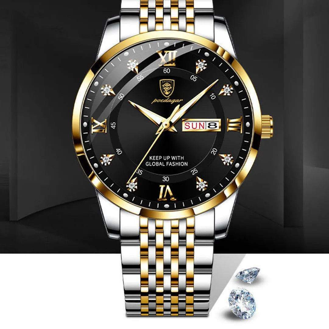Relógio masculino visor preto com pulseira inox e detalhes em dourado