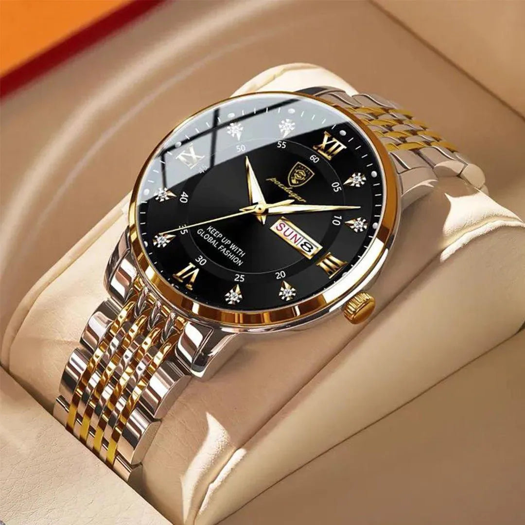 Relógio masculino visor preto com pulseira inox e detalhes em dourado