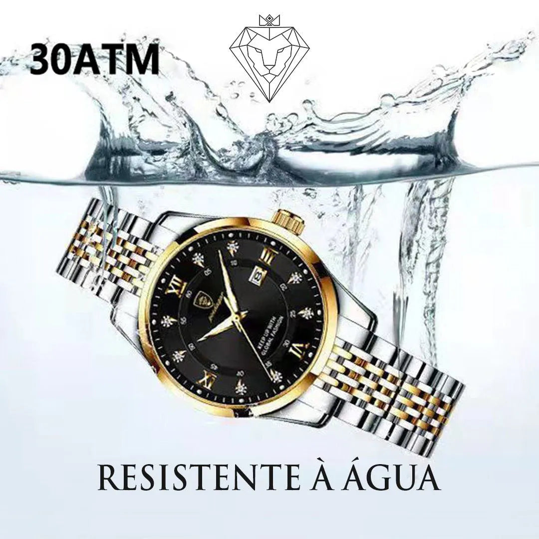 Relógio masculino visor preto com pulseira inox e detalhes em dourado