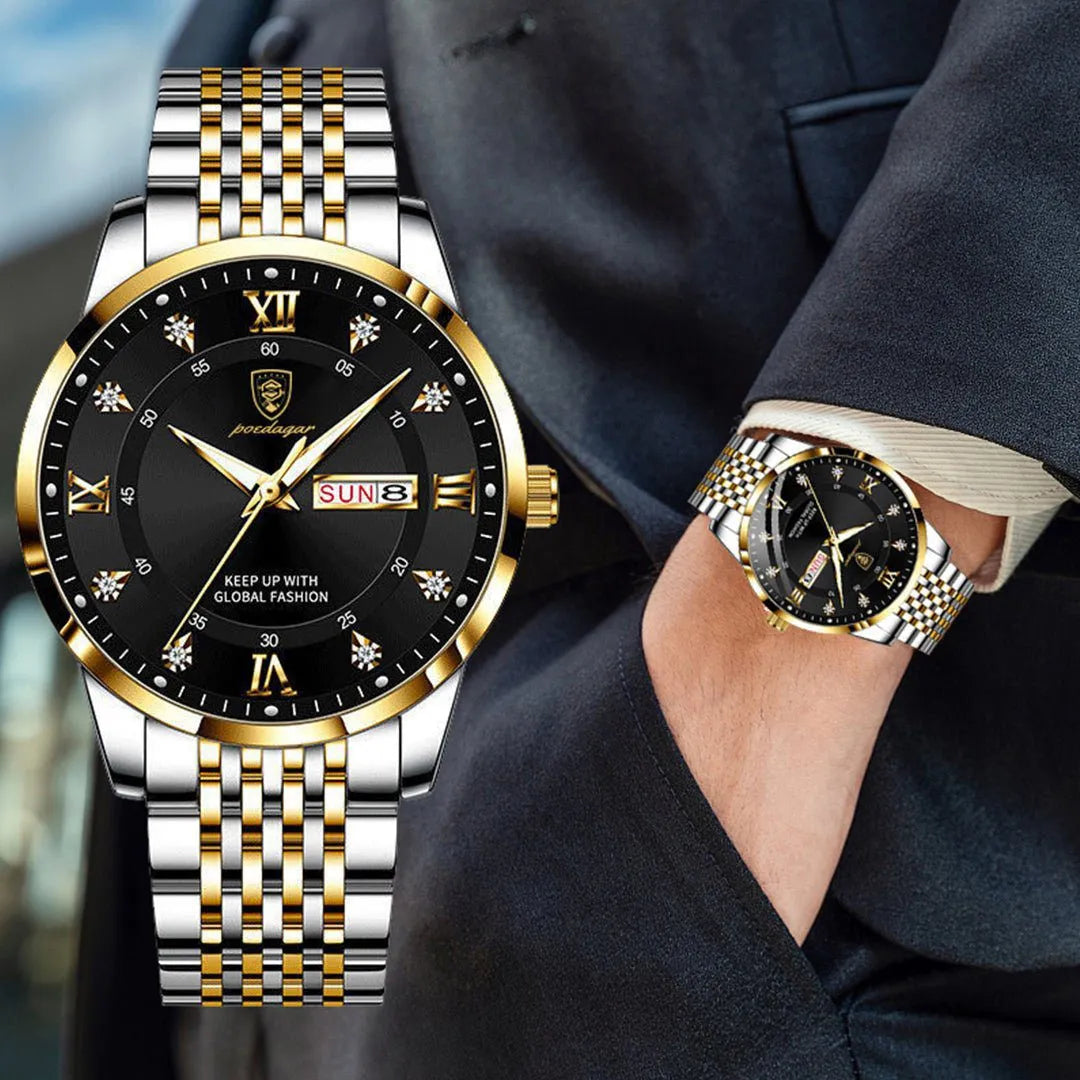 Relógio masculino visor preto com pulseira inox e detalhes em dourado