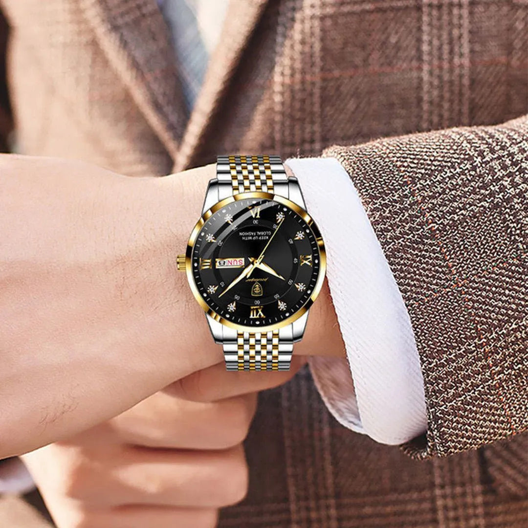 Relógio masculino visor preto com pulseira inox e detalhes em dourado