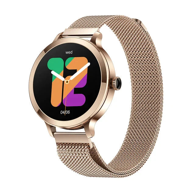 Smartwatch feminino dourado com tela AMOLED e pulseira de aço fino, design elegante e funções de saúde.