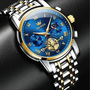 Relógio masculino OLEVS azul dourado com cronógrafo e fase da lua