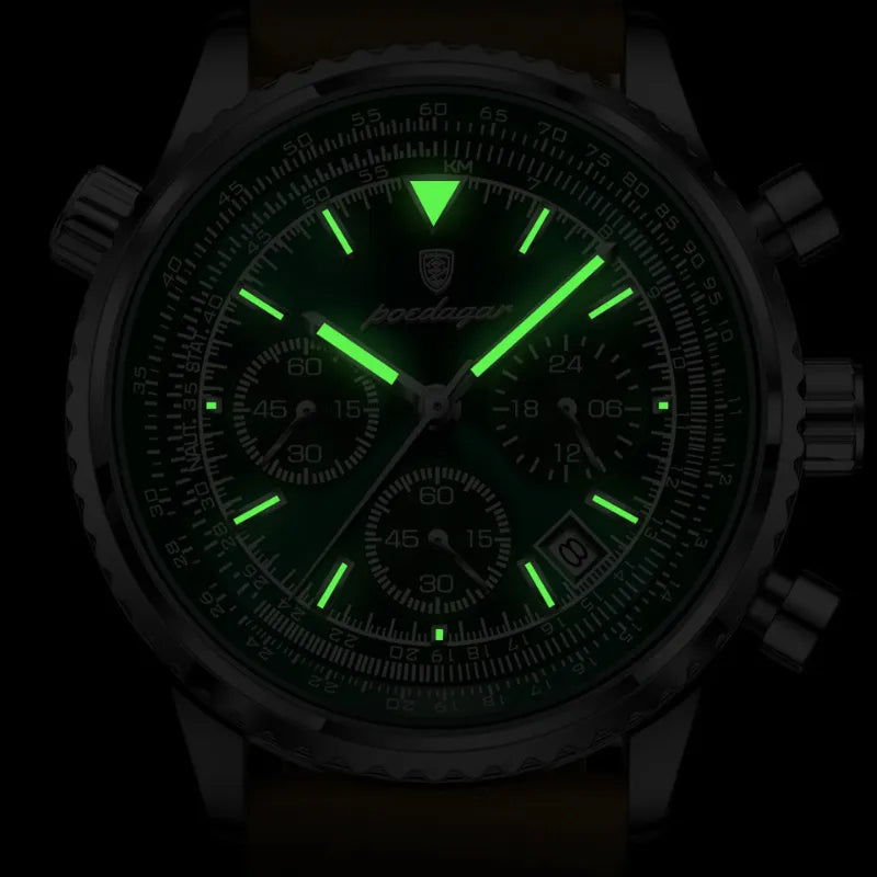 Relógio masculino POEDAGAR verde com pulseira de couro e cronógrafo esportivo elegante