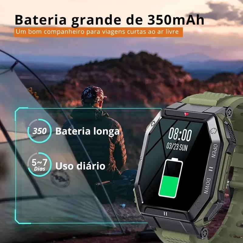Smartwatch militar verde masculino com chamadas, monitoramento de saúde e visual esportivo robusto.