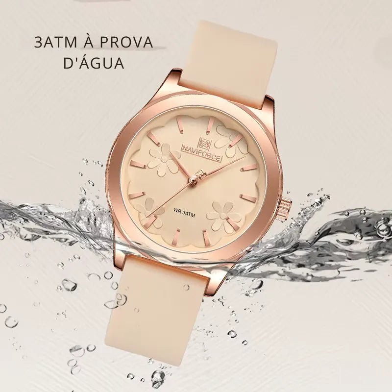 Relógio feminino bege NAVIFORCE com mostrador floral elegante