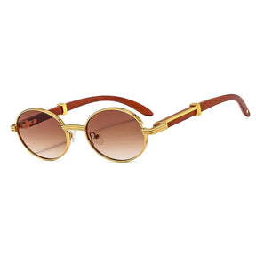 Óculos oval dourado com lente marrom degradê e hastes com acabamento madeira estilo vintage retrô UV400

