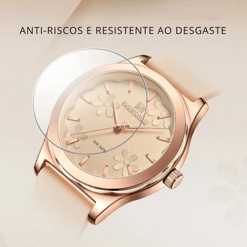 Relógio feminino bege NAVIFORCE com mostrador floral elegante