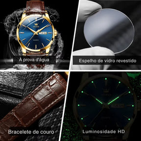 Relógio OLEVS Azul Dourado masculino com pulseira de couro