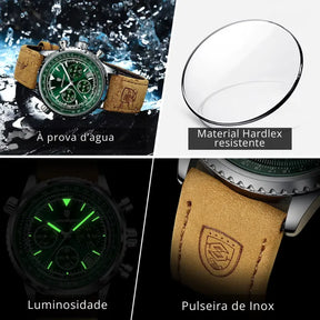 Relógio masculino POEDAGAR verde com pulseira de couro e cronógrafo esportivo elegante