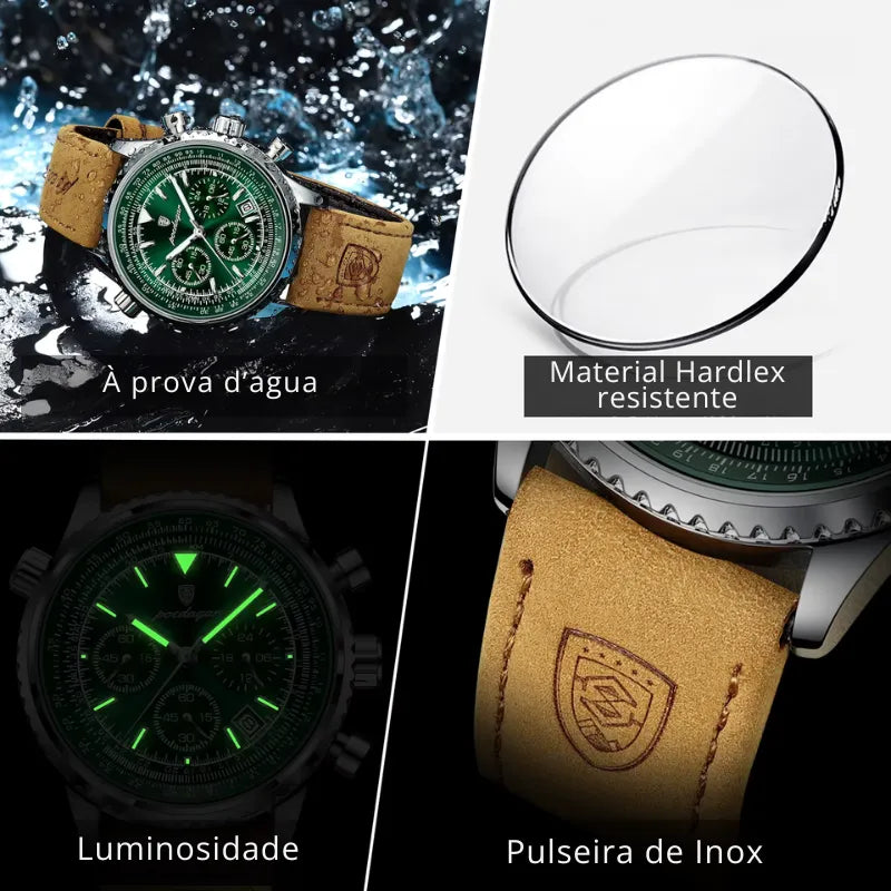 Relógio masculino POEDAGAR verde com pulseira de couro e cronógrafo esportivo elegante