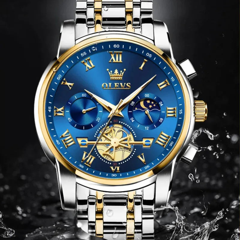 Relógio masculino OLEVS azul dourado com cronógrafo e fase da lua