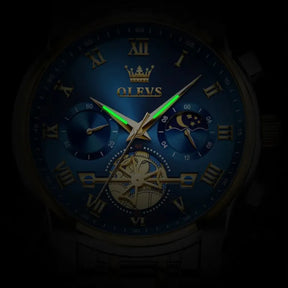 Relógio masculino OLEVS azul dourado com cronógrafo e fase da lua