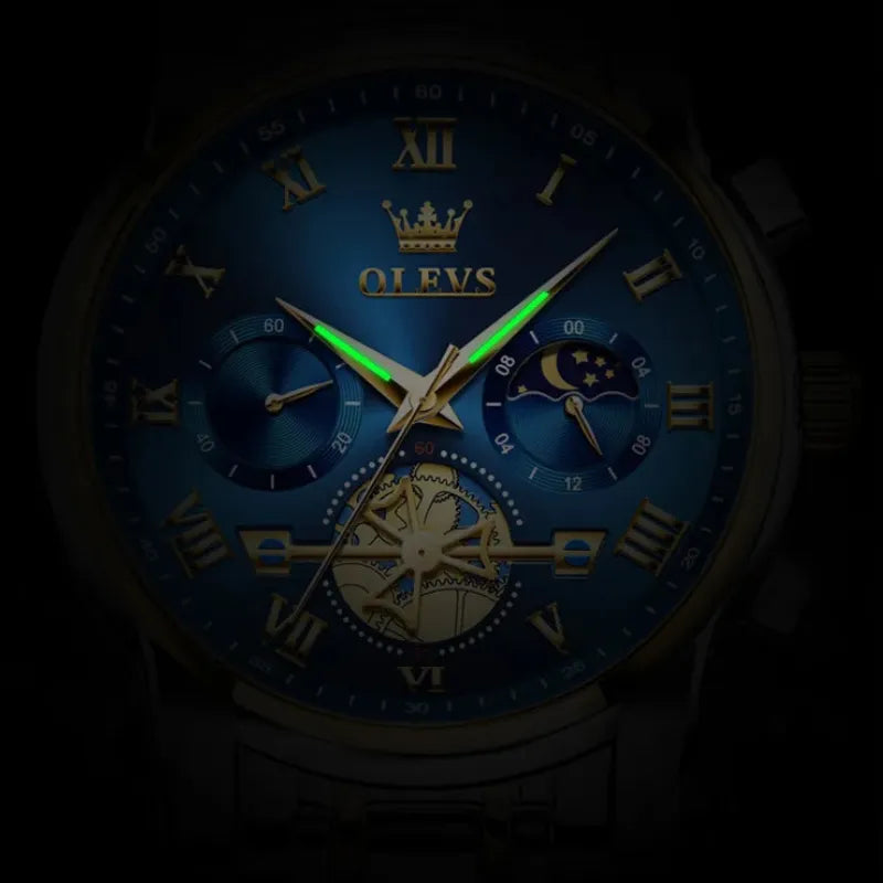 Relógio masculino OLEVS azul dourado com cronógrafo e fase da lua
