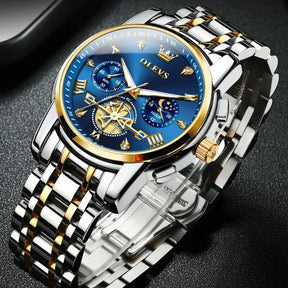 Relógio masculino OLEVS azul dourado com cronógrafo e fase da lua