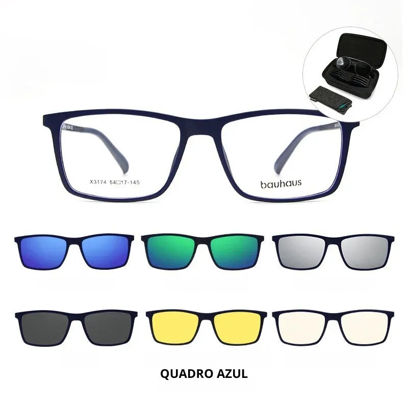Kit de óculos masculino com 6 clipes magnéticos de lentes polarizadas e proteção blue ray