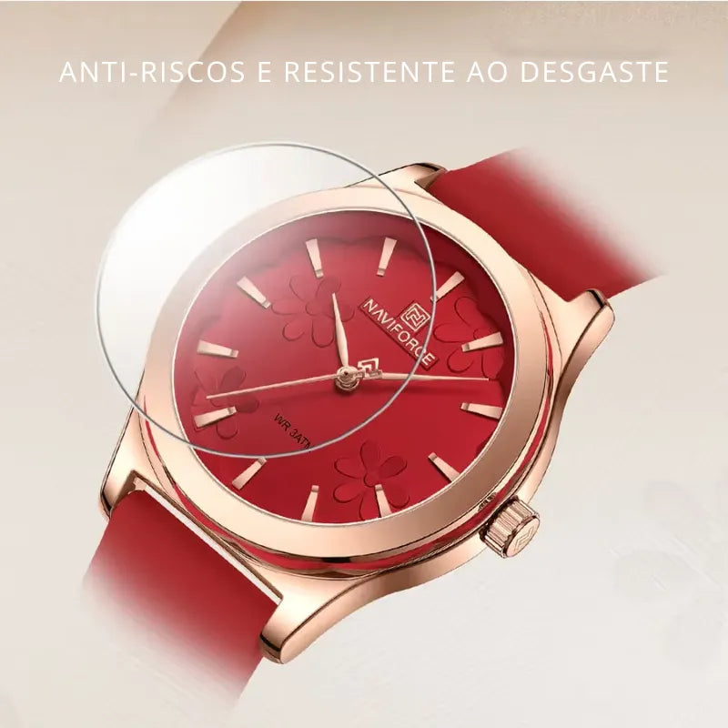 Relógio feminino vermelho NAVIFORCE com pulseira de silicone confortável