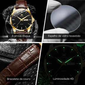 Relógio OLEVS Ouro Preto masculino com pulseira de couro