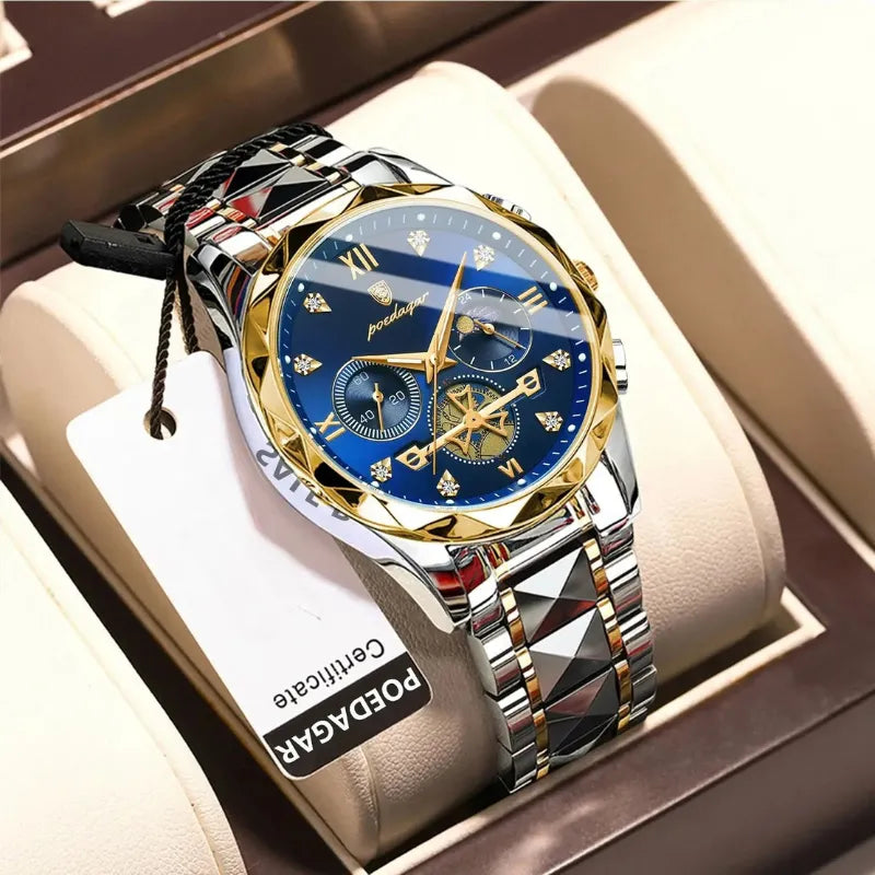 Relógio masculino POEDAGAR azul dourado com cronógrafo e ponteiros luminosos