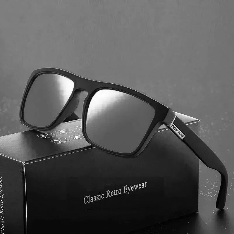 Óculos de sol masculino preto com lente polarizada UV400 e design esportivo moderno