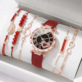 Relógio feminino Roma Coração com pulseiras vermelhas e douradas, elegante e moderno, perfeito para presentear.