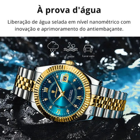 Relógio POEDAGAR dourado com mostrador azul e pulseira inoxidável.