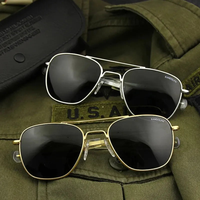 Óculos Escuro Militar com lente escura e armação de titânio, estilo militar americano vintage