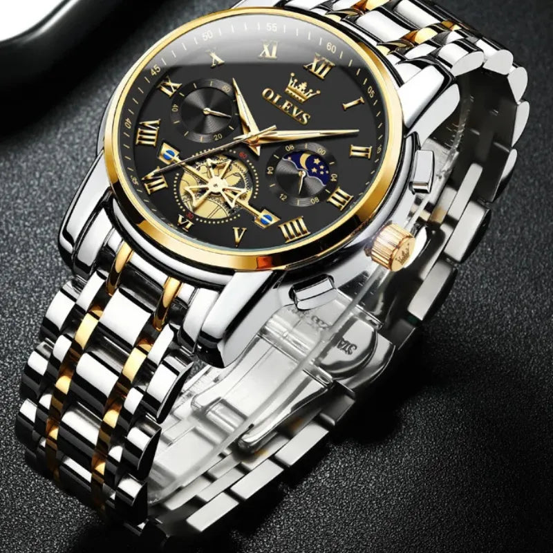 Relógio masculino OLEVS preto dourado com cronógrafo e fase da lua