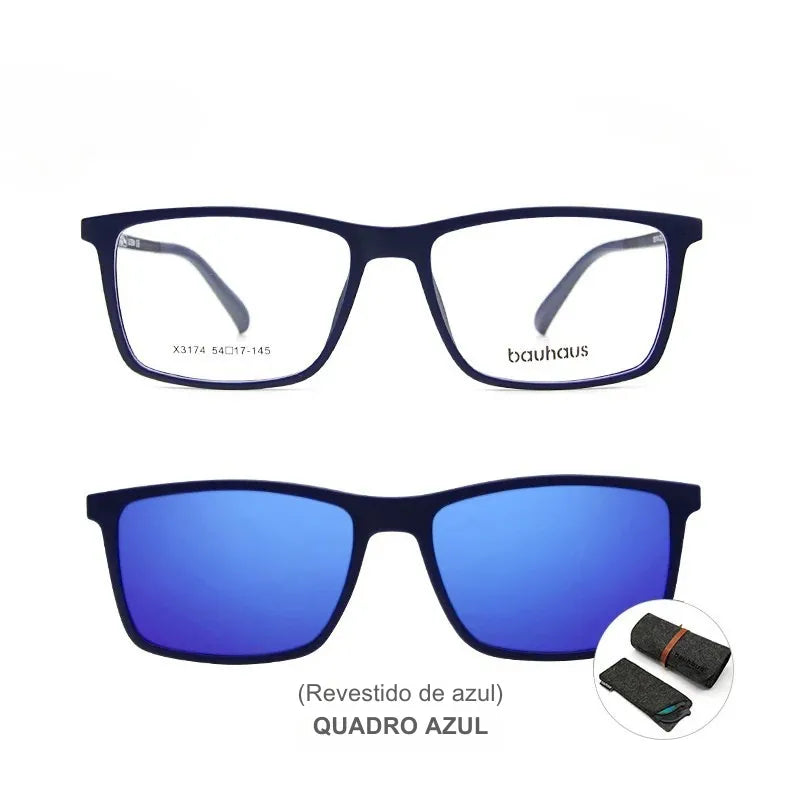 Óculos masculino com clipe magnético azul espelhado e armação leve e moderna
