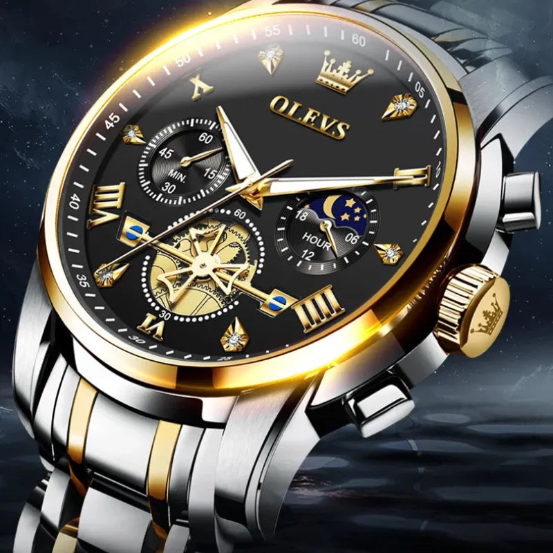 Relógio masculino OLEVS preto dourado com cronógrafo e fase da lua
