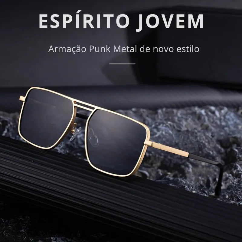 Óculos quadrado masculino dourado Gentle Liu com lente escura UV400, estilo oversized e armação metálica dupla