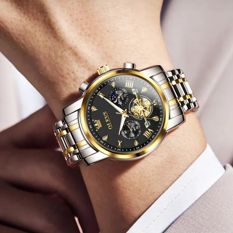 Relógio masculino OLEVS preto dourado com cronógrafo e fase da lua