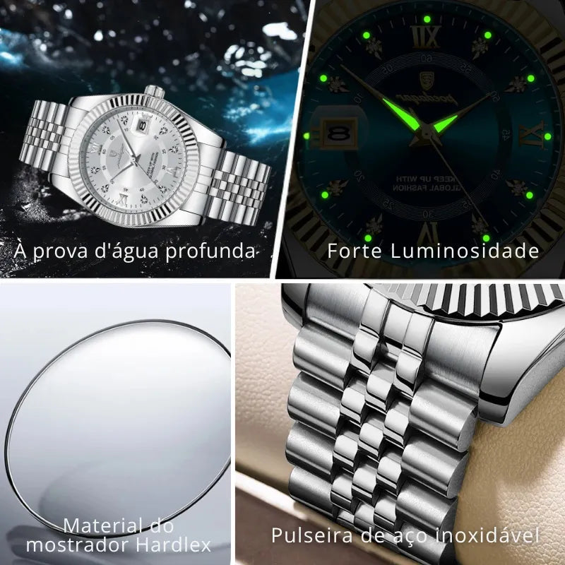 Relógio POEDAGAR prata total com mostrador branco e pulseira inoxidável.
