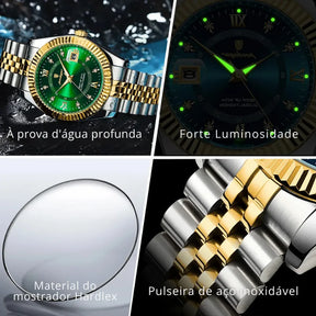 Relógio POEDAGAR dourado com mostrador verde e pulseira inoxidável.