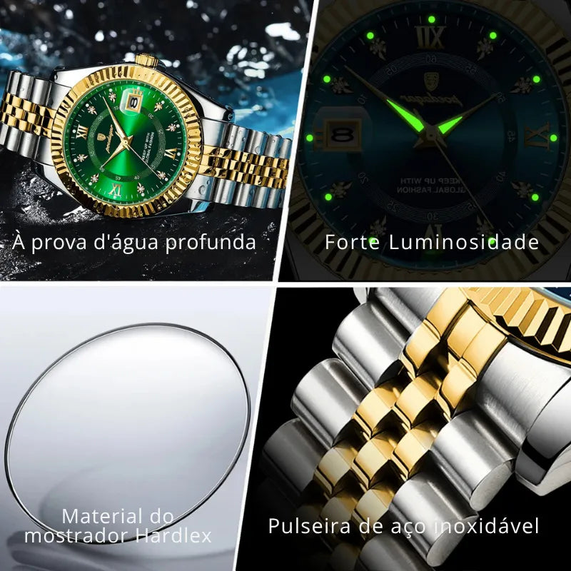 Relógio POEDAGAR dourado com mostrador verde e pulseira inoxidável.