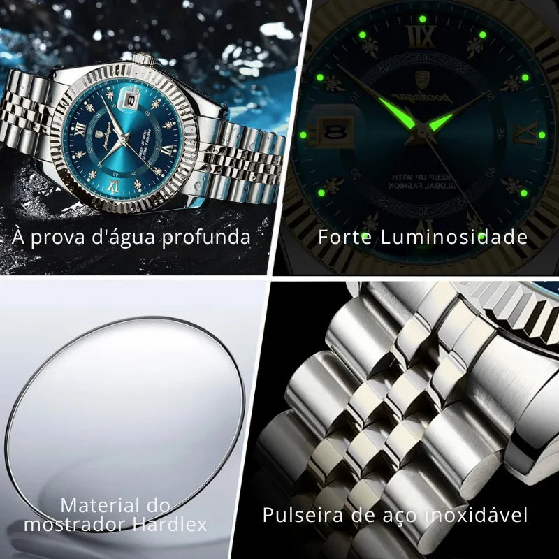Relógio POEDAGAR prata com mostrador azul e pulseira inoxidável.