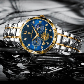 Relógio masculino POEDAGAR azul dourado com cronógrafo e ponteiros luminosos