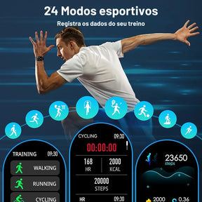 Smartwatch militar verde masculino com chamadas, monitoramento de saúde e visual esportivo robusto.