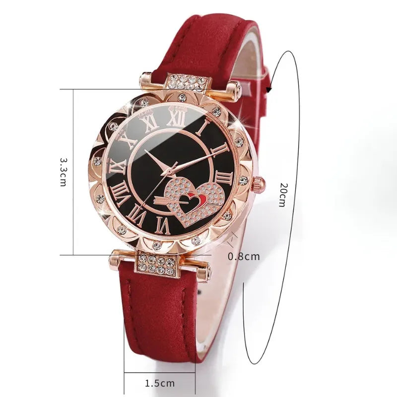Relógio feminino Roma Coração com pulseiras vermelhas e douradas, elegante e moderno, perfeito para presentear.