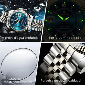 Relógio POEDAGAR prata com mostrador preto e pulseira inoxidável.
