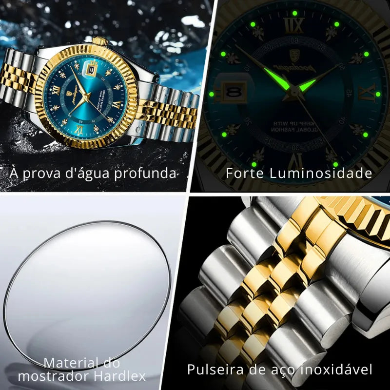 Relógio POEDAGAR dourado com mostrador azul e pulseira inoxidável.